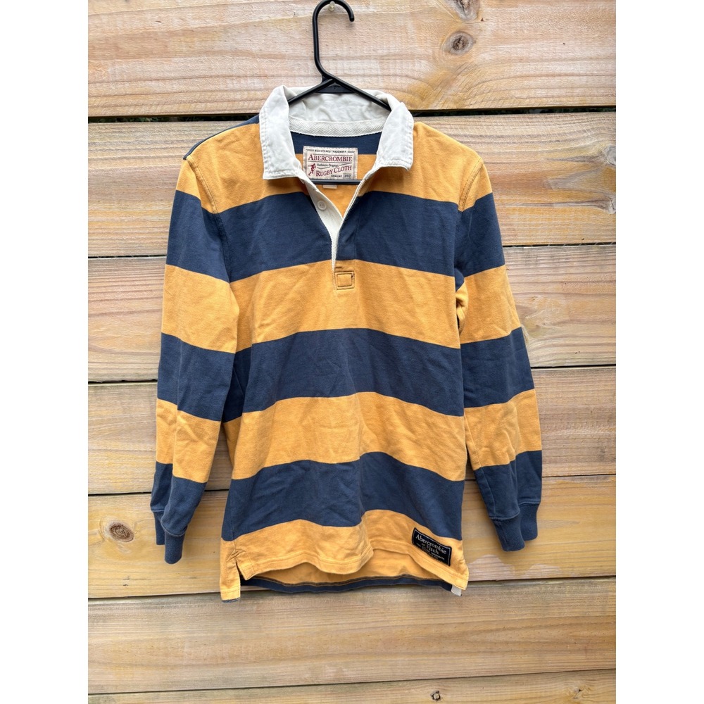 Abercrombie & Fitch Mens XS Rugby Shirt Long Sleeve Striped Navy Yellow Cotton